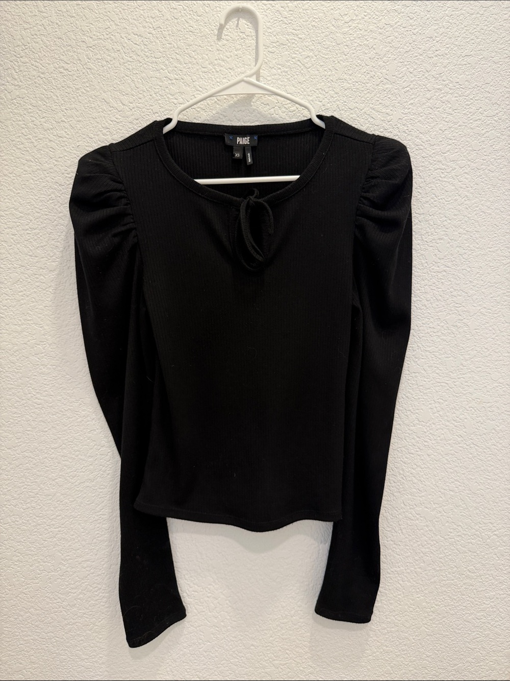 PAIGE Black Ribbed Long Sleeve Top with Tie Neck